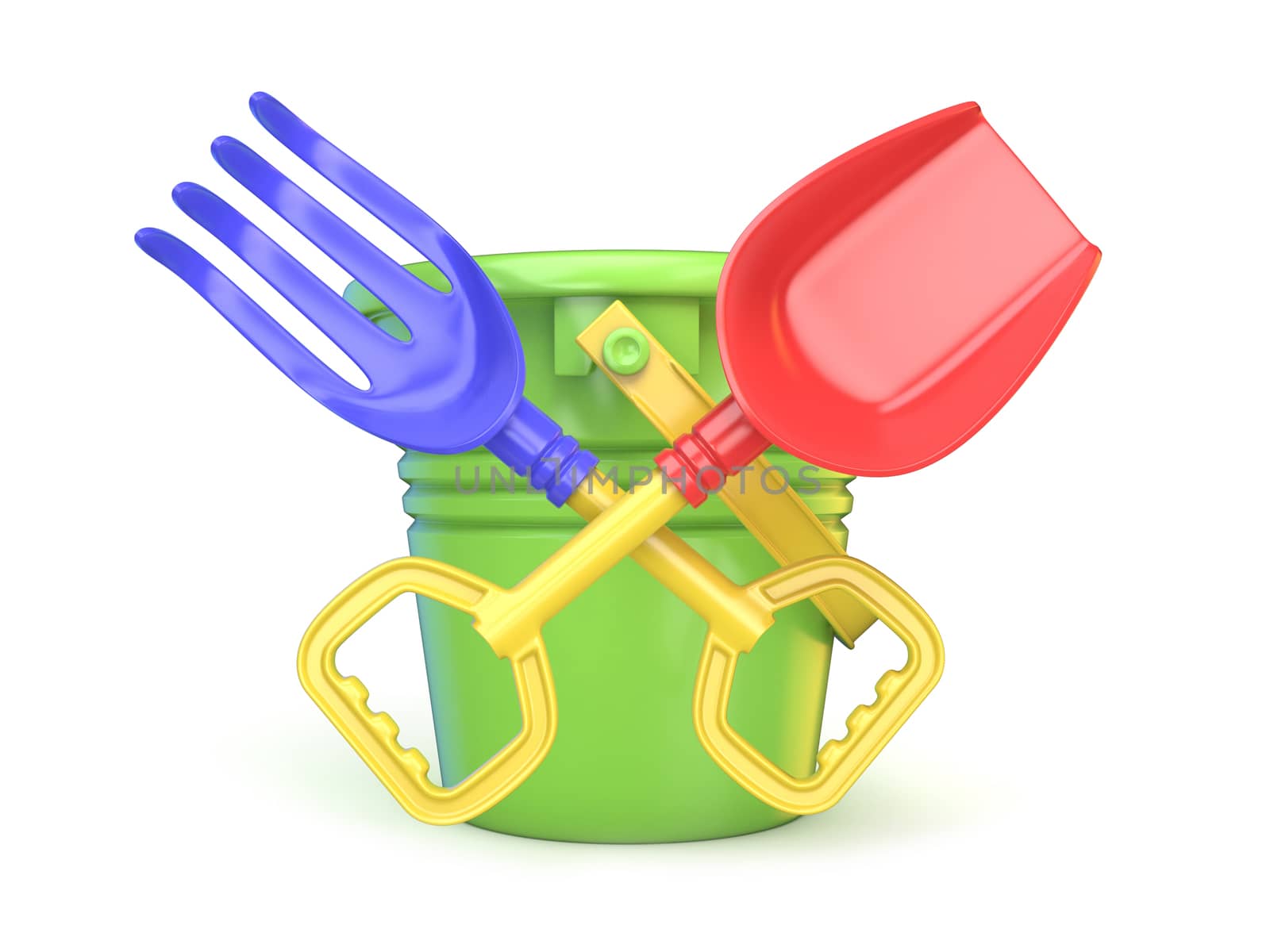 Toy bucket, rake and spade. 3D render illustration isolated on white background