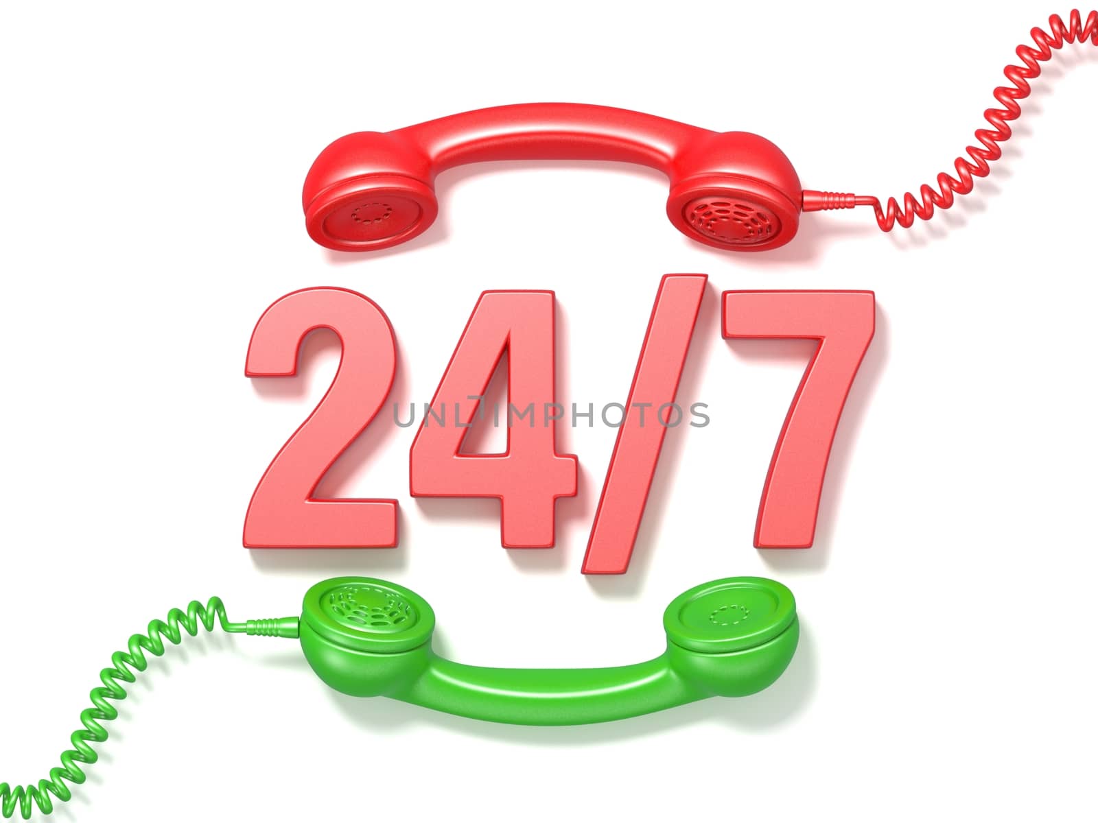 24 hours 7 days a week sign. Retro red and green phone receivers by djmilic