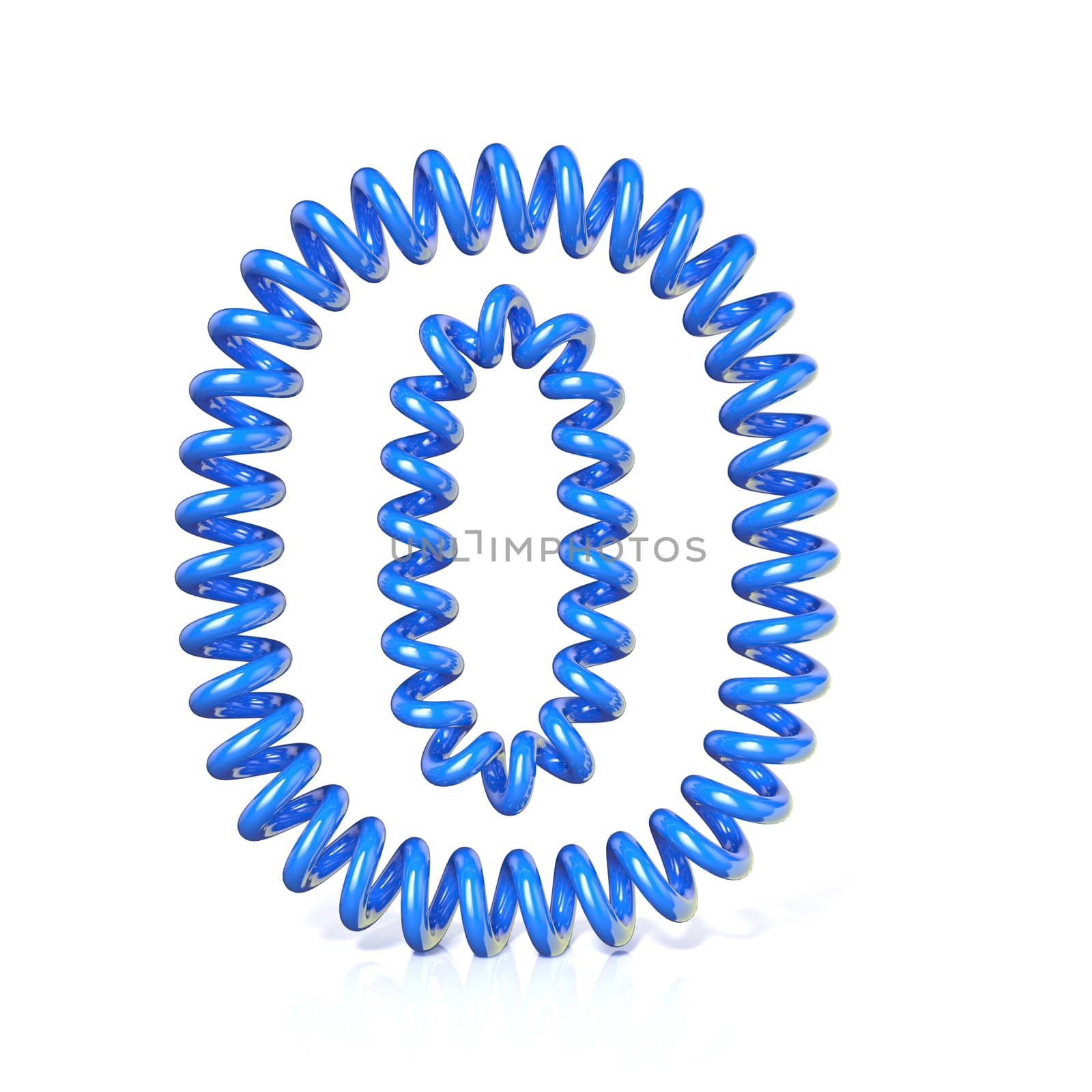 Spring, spiral cable number ZERO 0 3D render illustration, isolated on white background