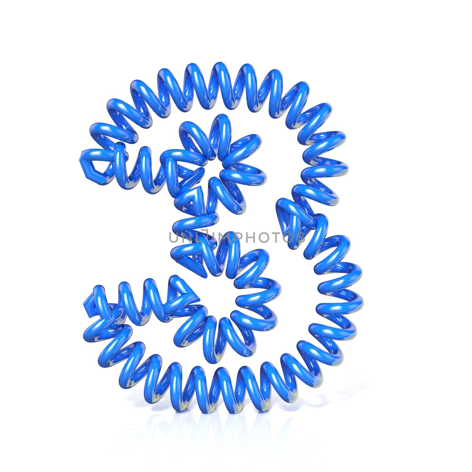 Spring, spiral cable number THREE 3 3D render illustration, isolated on white background