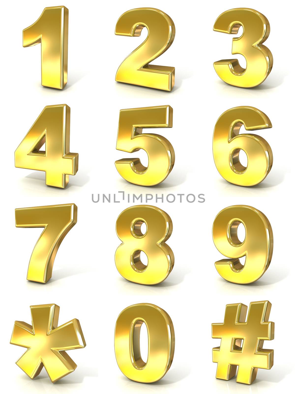 Numerical digits collection, 0 - 9, plus hash tag and asterisk. 3D golden signs isolated on white background. Render illustration.
