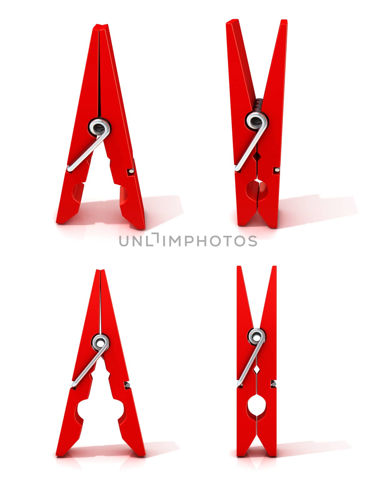 Set of red clothes pins. Opened and closed, standing. Isolated on white background