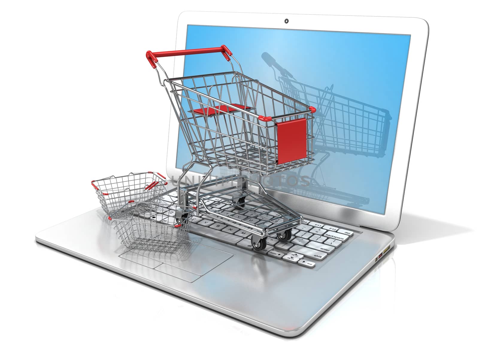 Laptop with steel shopping basket and shopping cart. 3D by djmilic