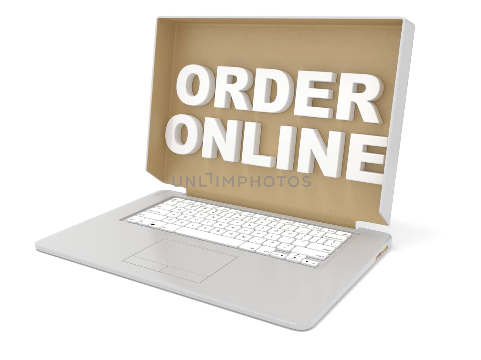 Cardboard box cover with ORDER ONLINE sign on laptop. Side view. by djmilic