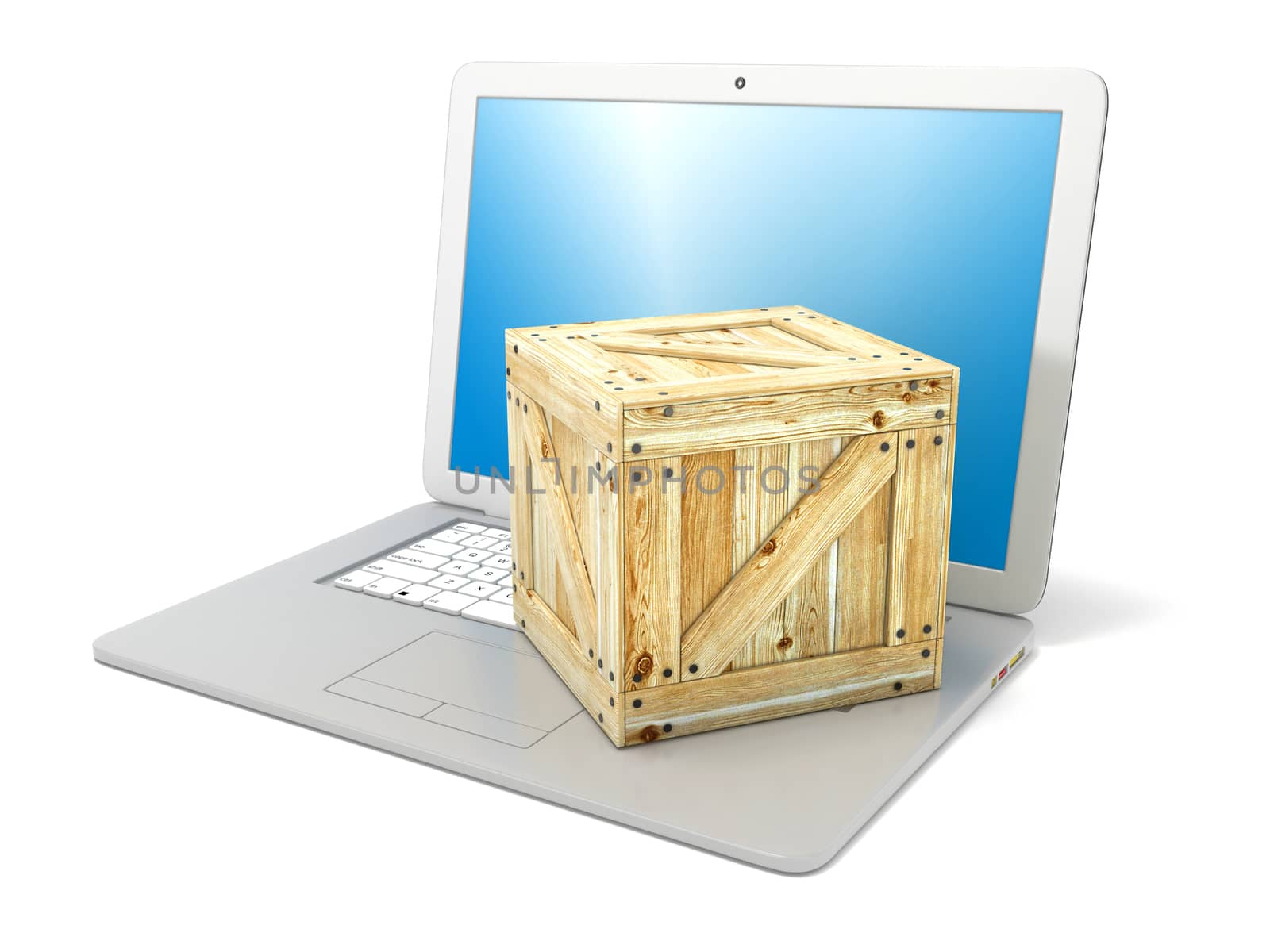 Laptop with wooden box package. Concept of online ordering of pr by djmilic
