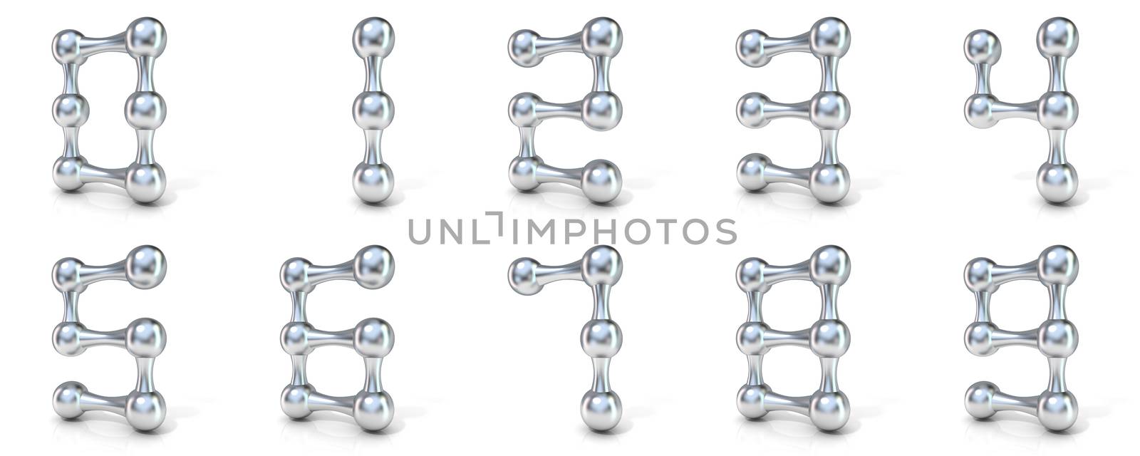 Molecular font numerical digits collection, 3D render illustration isolated on white background.