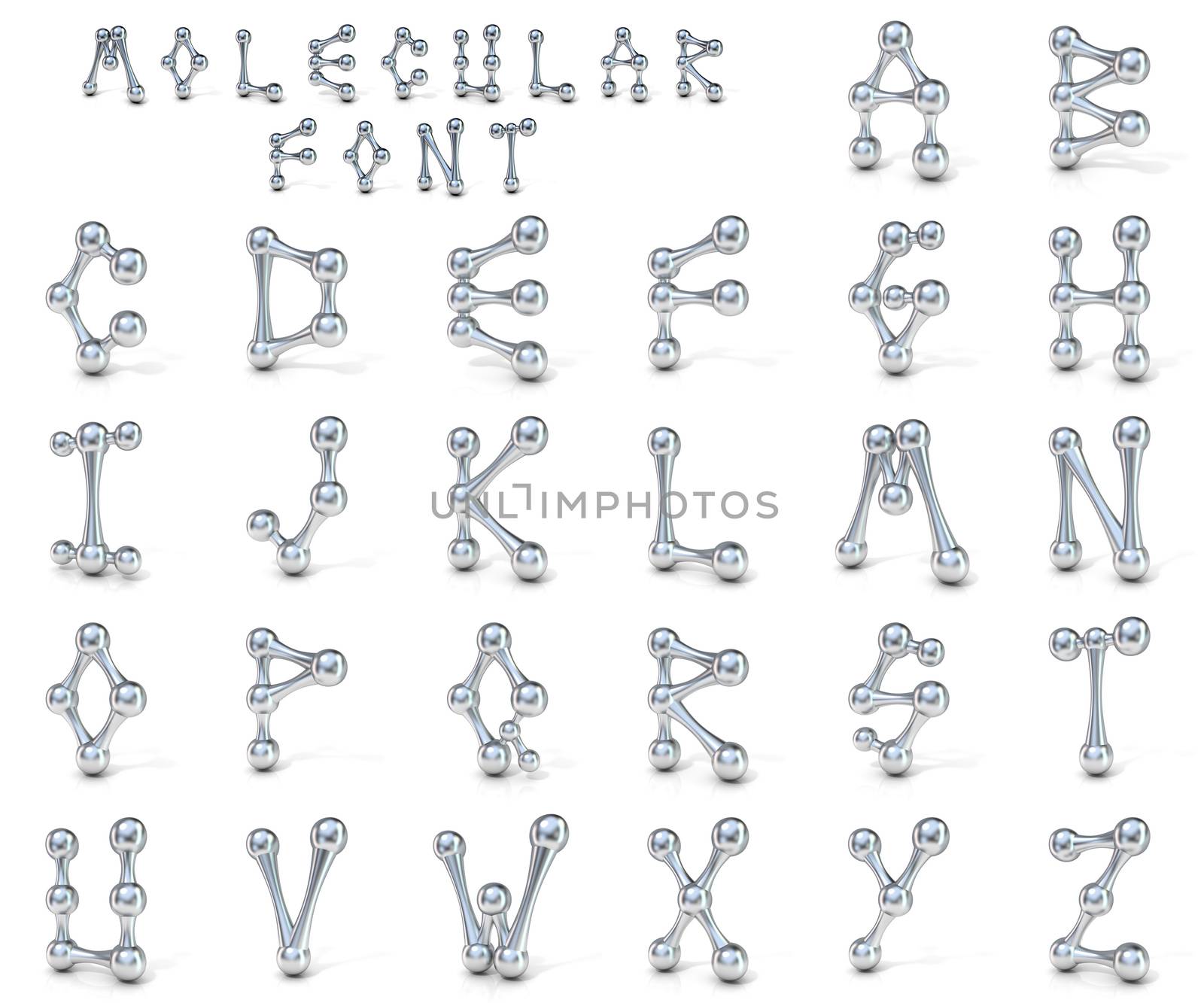 Molecular font collectioN. 3D render illustration, isolated on white background