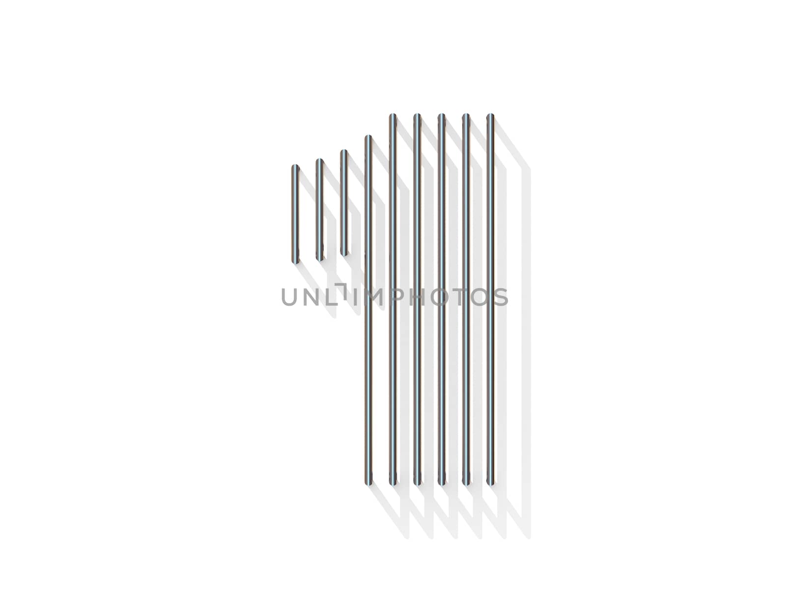 Silver, steel wire font. Number ONE 1 with vertical shadows. 3D render illustration isolated on white background