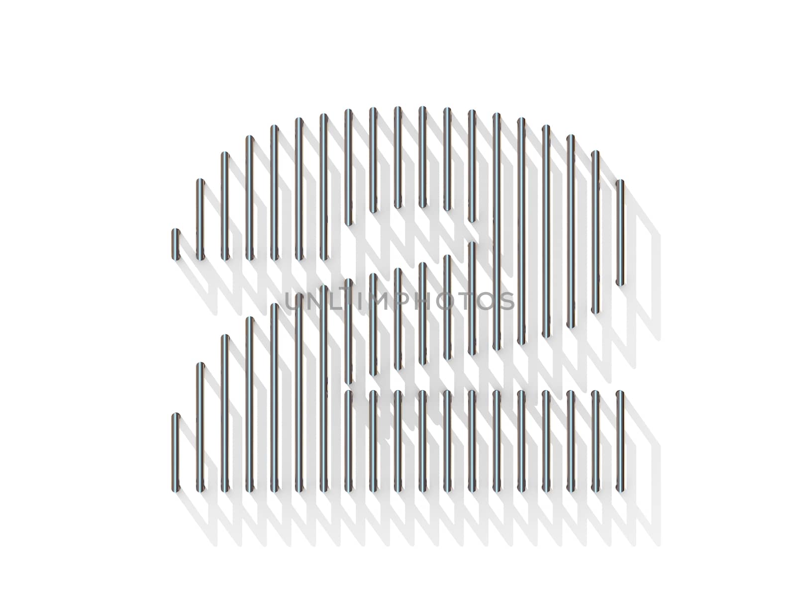 Silver, steel wire font. Number TWO 2 with vertical shadows. 3D render illustration isolated on white background