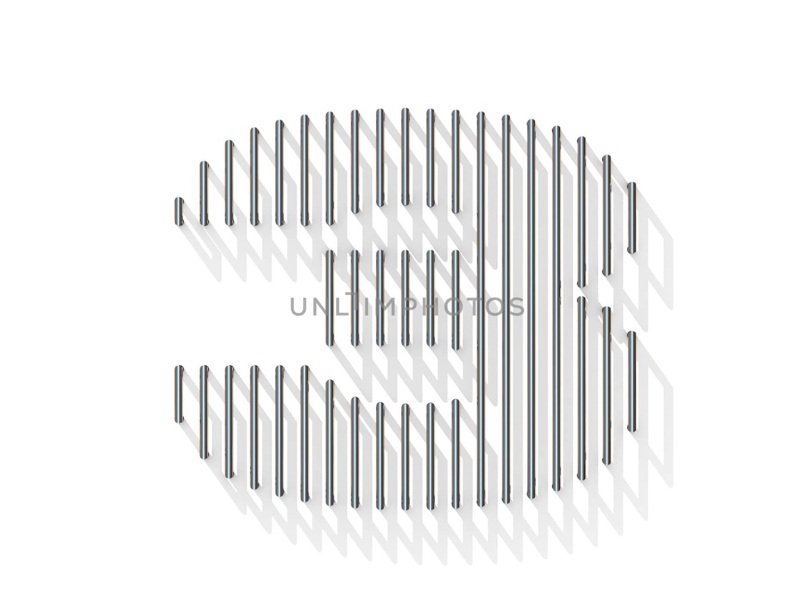 Silver, steel wire font. Number THREE 3 with vertical shadows. 3D render illustration isolated on white background