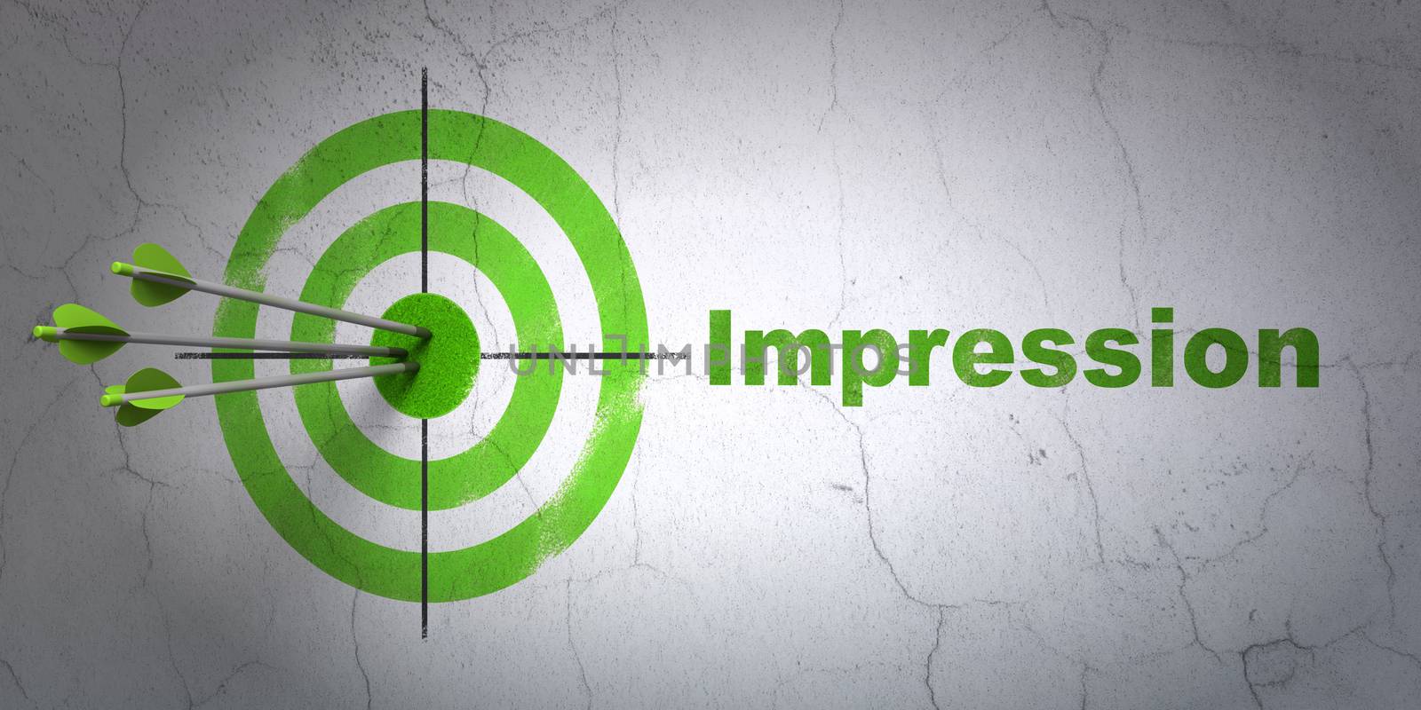 Success advertising concept: arrows hitting the center of target, Green Impression on wall background, 3D rendering