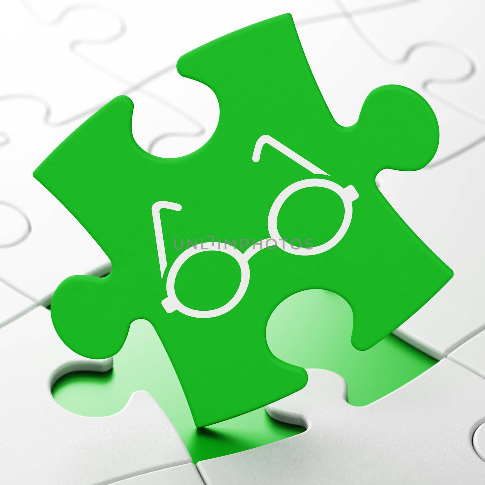 Science concept: Glasses on Green puzzle pieces background, 3D rendering