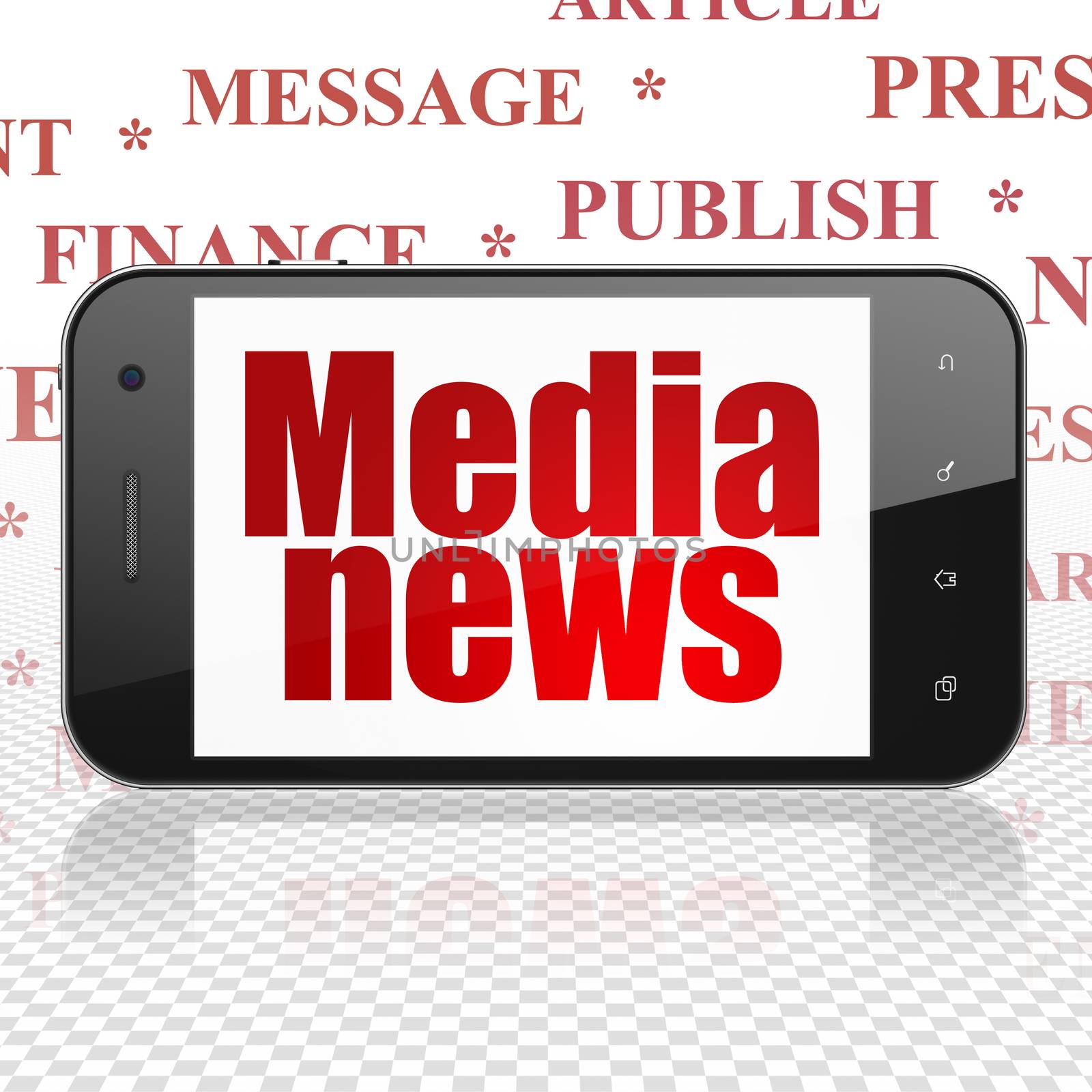 News concept: Smartphone with  red text Media News on display,  Tag Cloud background, 3D rendering