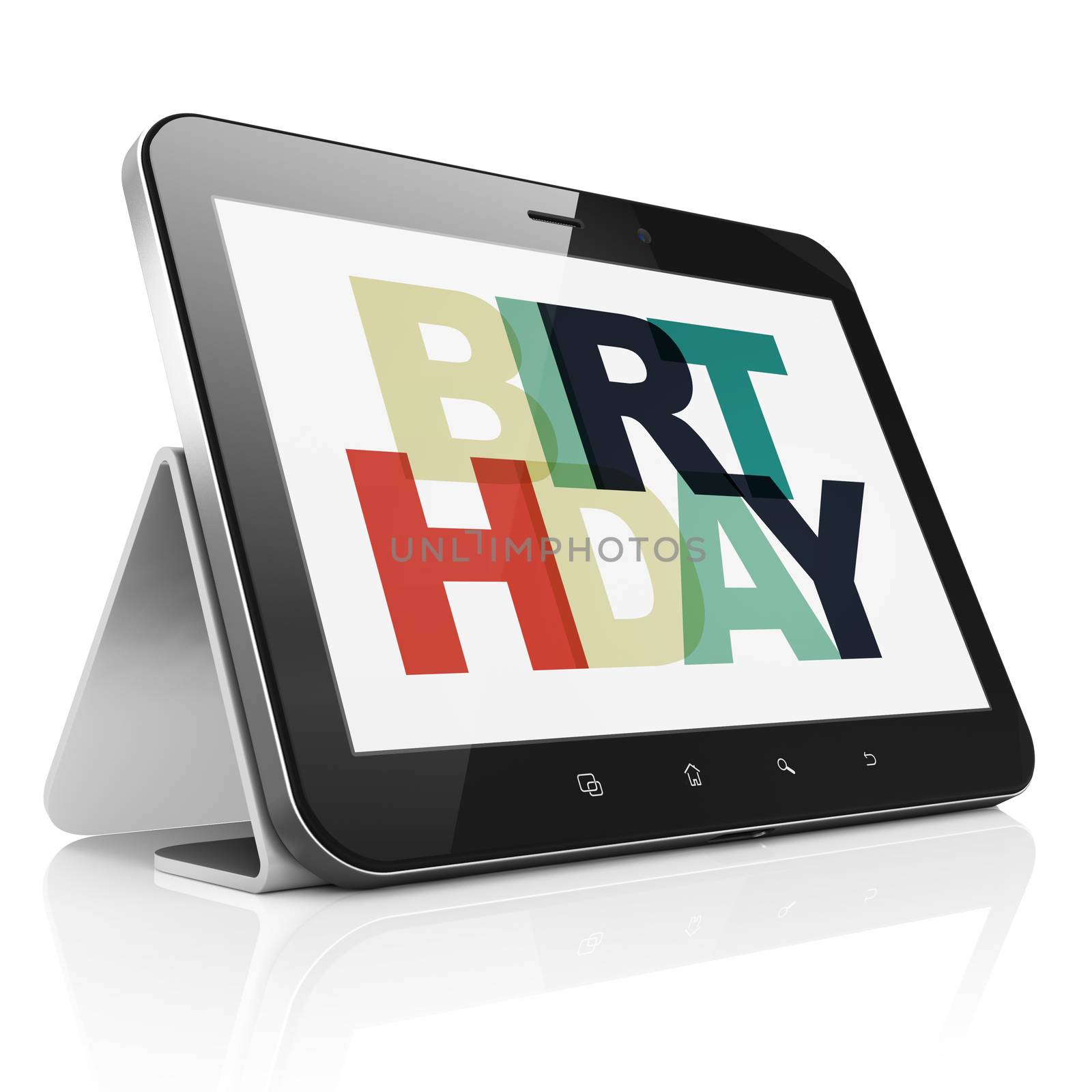 Entertainment, concept: Tablet Computer with Painted multicolor text Birthday on display, 3D rendering