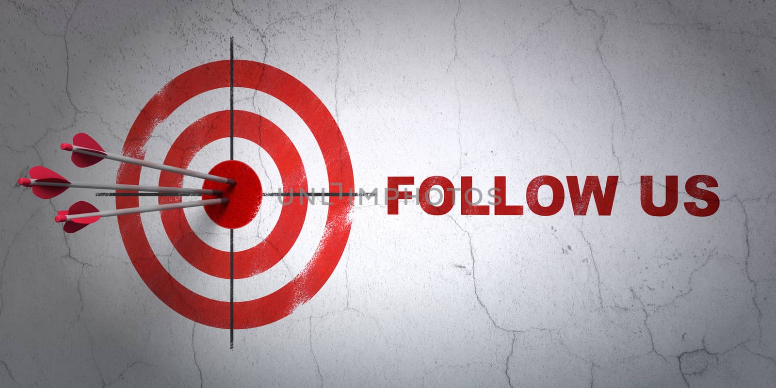 Success social media concept: arrows hitting the center of target, Red Follow us on wall background, 3D rendering