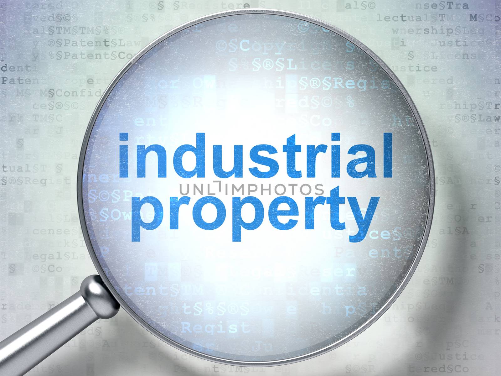 Law concept: magnifying optical glass with words Industrial Property on digital background, 3D rendering