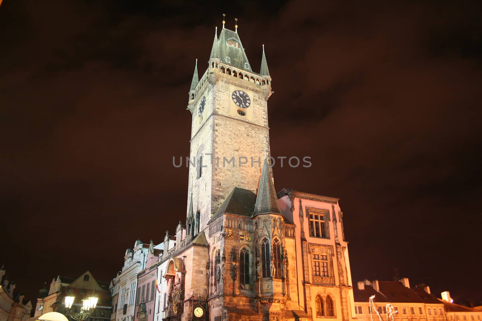 Evening illumination of Tower Orloj  in the city of Prague