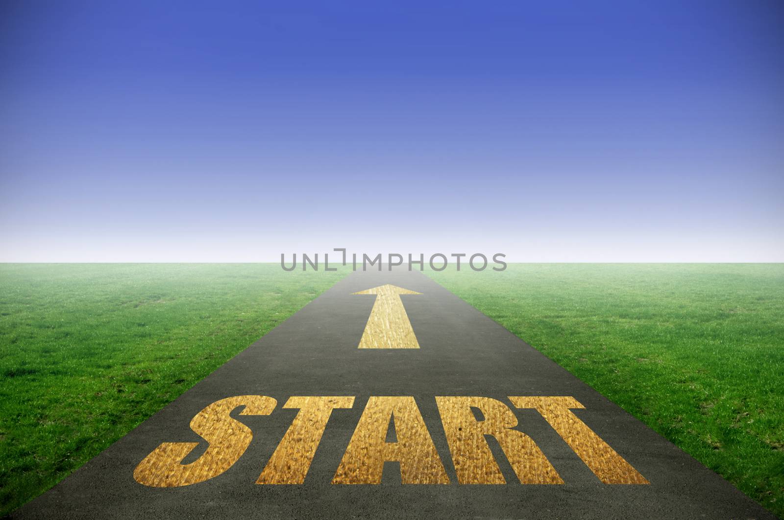 Start printed in gold on road with green grass on each side