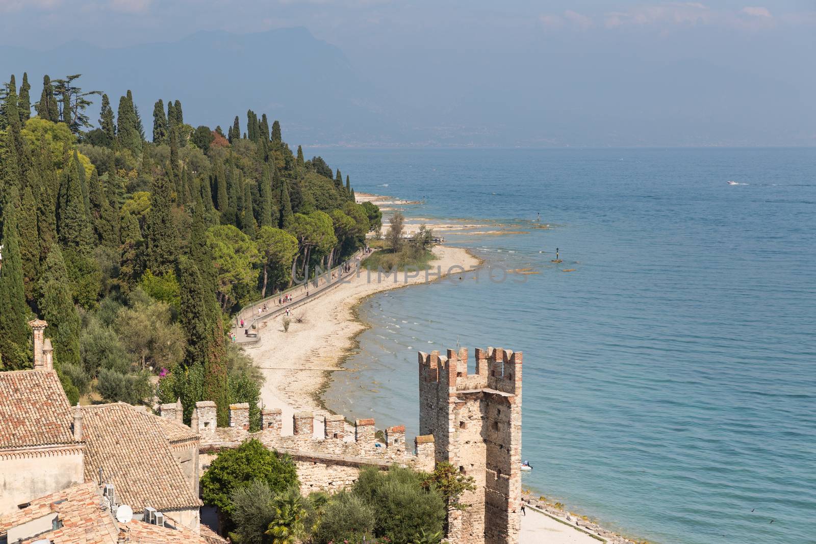 The fortress walls of Castello Scaligero in Sirmione on Lake Garda in Italy