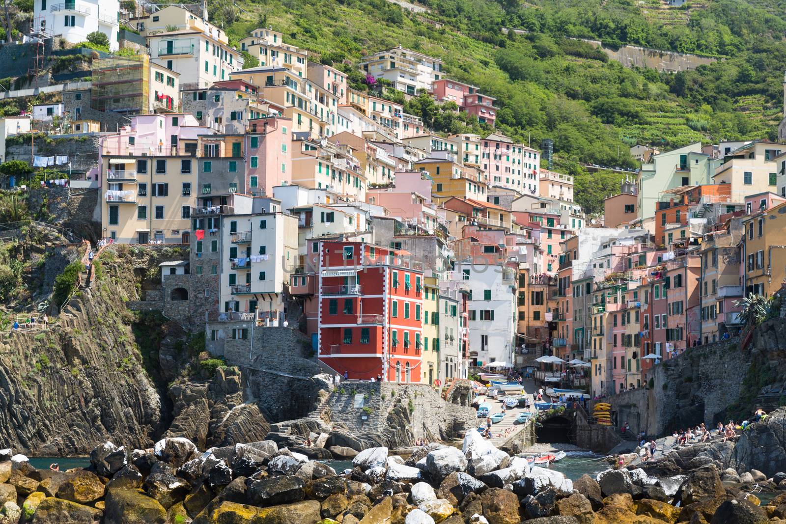 The village of Riomaggiore of the Cinque Terre, on the Italian Riviera in the Liguria region of Italy