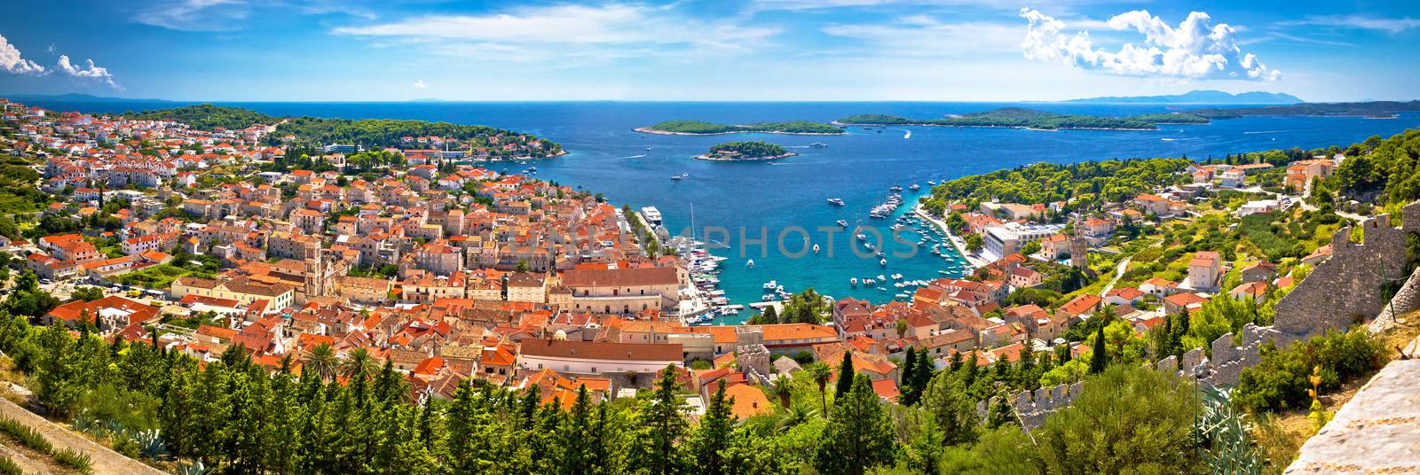 Island of Hvar bay aerial panoramic view, Dalmatia, Croatia