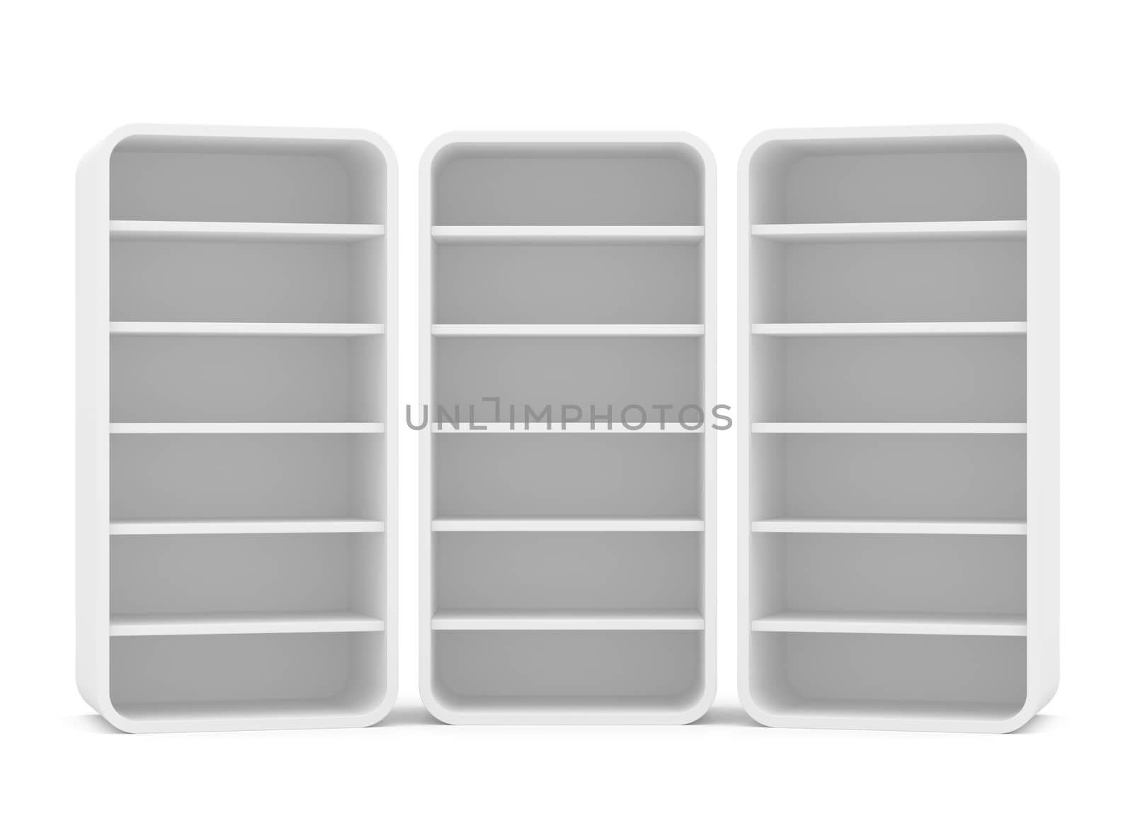 Three empty rotated retail shelves. Front view. Template. 3D Illustration, Isolated on white