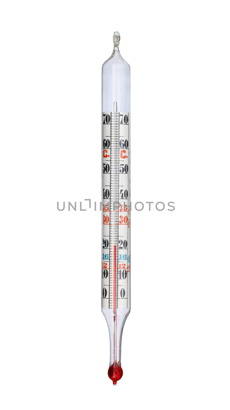 Detail of the old mercury glass thermometer on white background