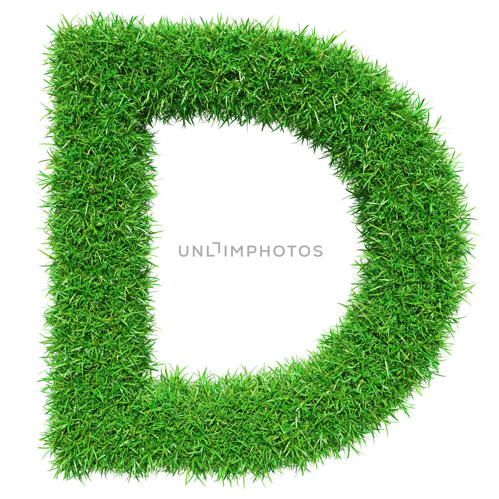 Green Grass Letter D. Isolated On White Background. Font For Your Design. 3D Illustration