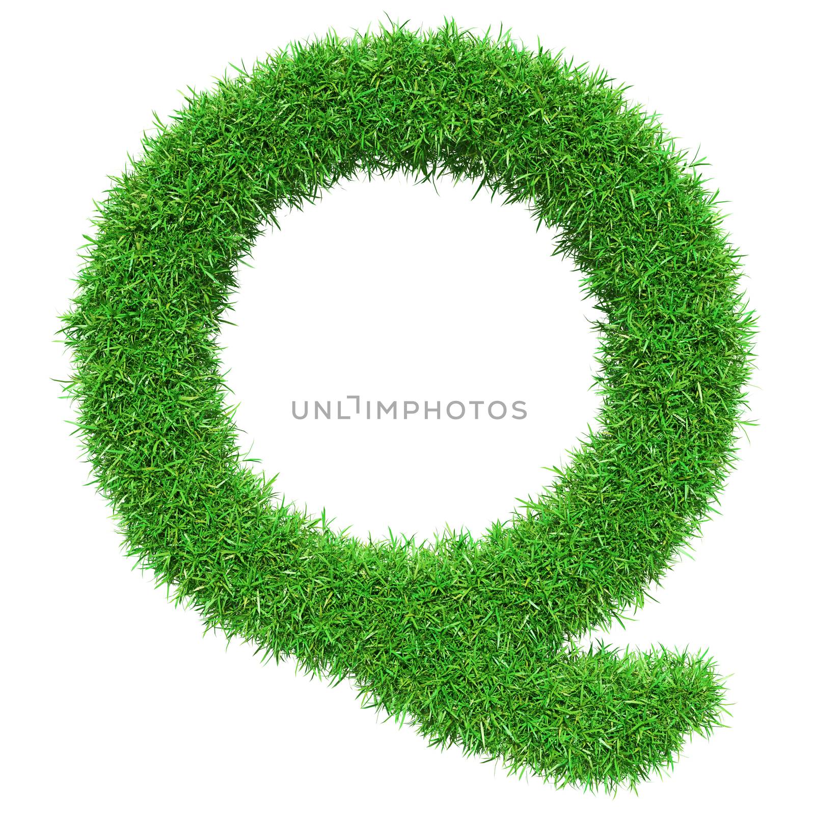 Green Grass Letter Q. Isolated On White Background. Font For Your Design. 3D Illustration