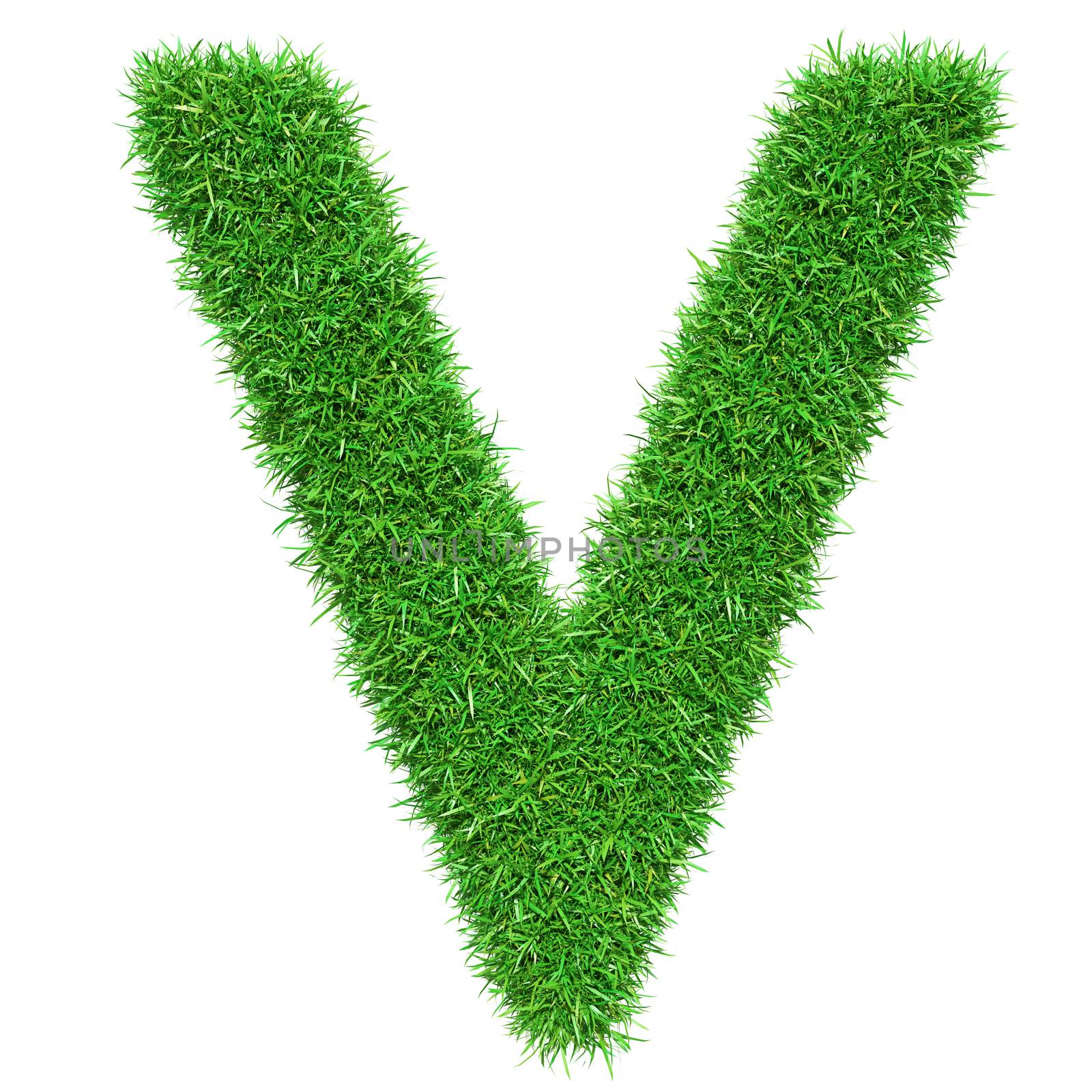 Green Grass Letter V. Isolated On White Background. Font For Your Design. 3D Illustration
