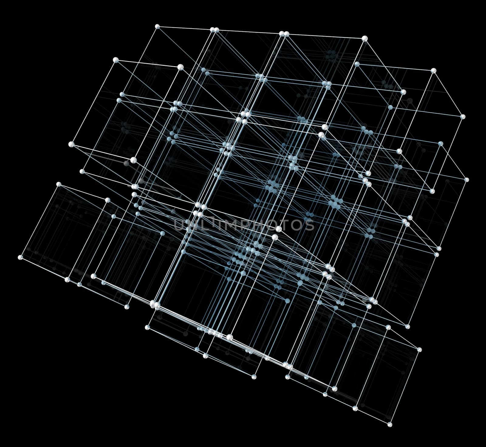 Abstract cubes. Network connection on black background. 3D illustration