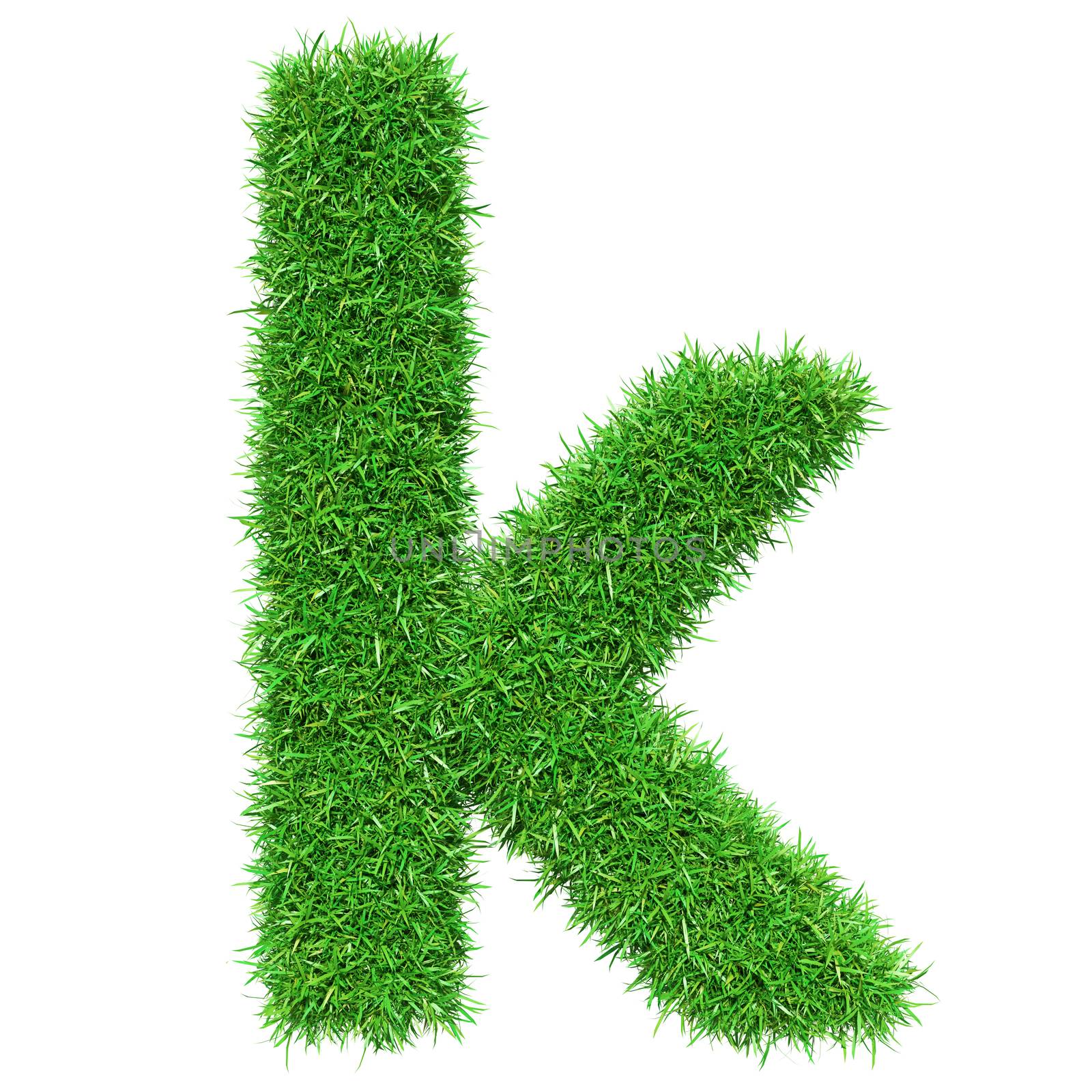 Green Grass Letter K. Isolated On White Background. Font For Your Design. 3D Illustration