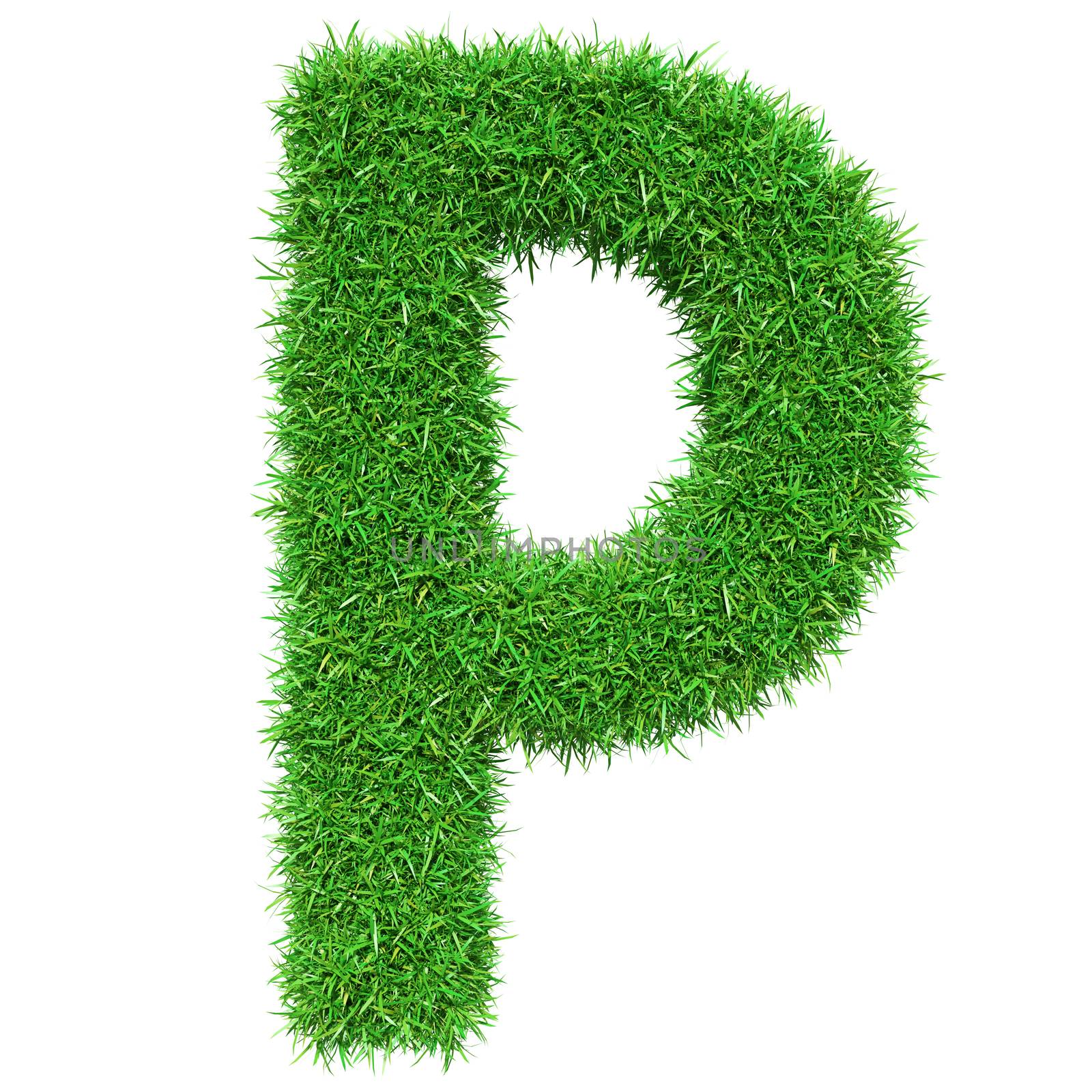 Green Grass Letter P. Isolated On White Background. Font For Your Design. 3D Illustration