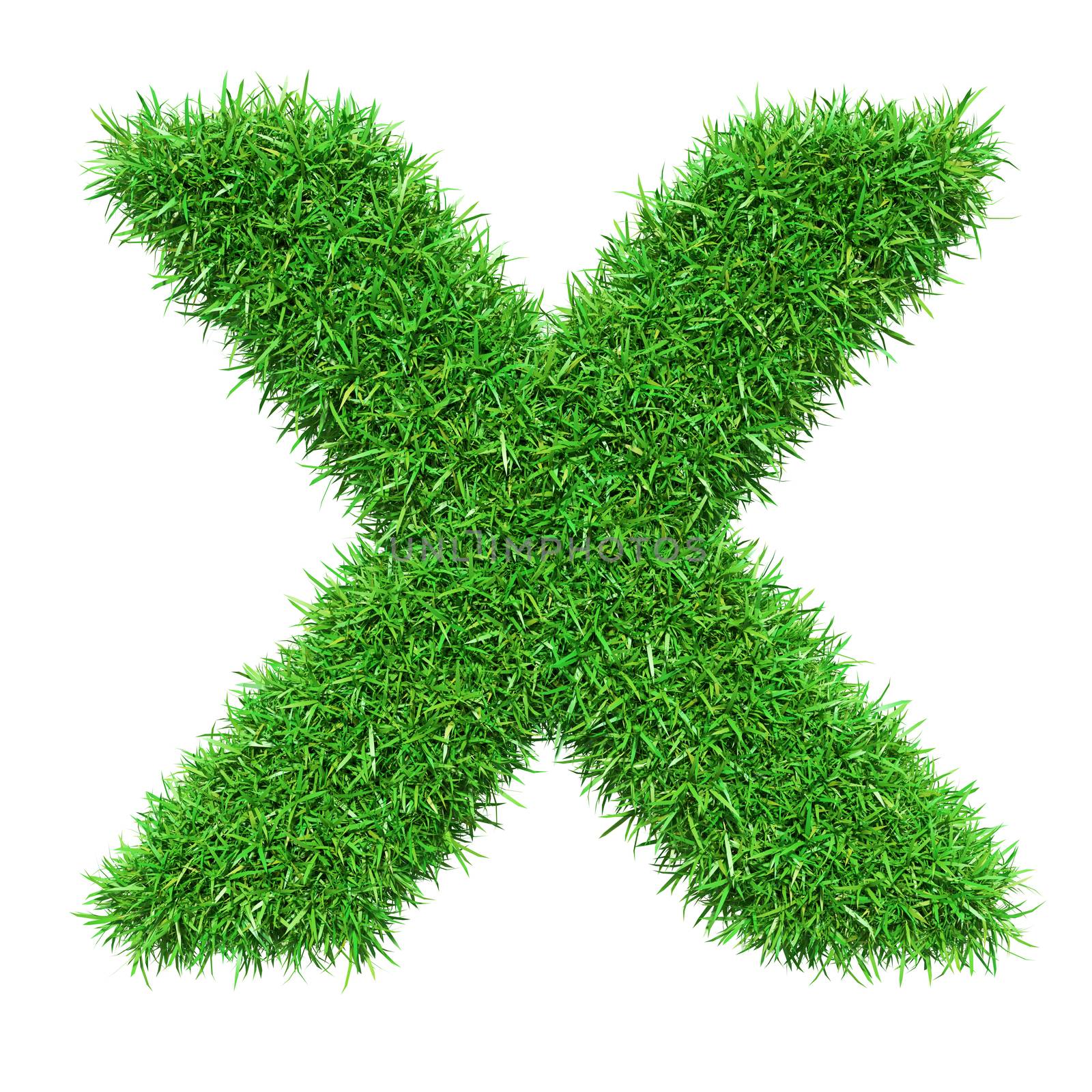 Green Grass Letter X. Isolated On White Background. Font For Your Design. 3D Illustration