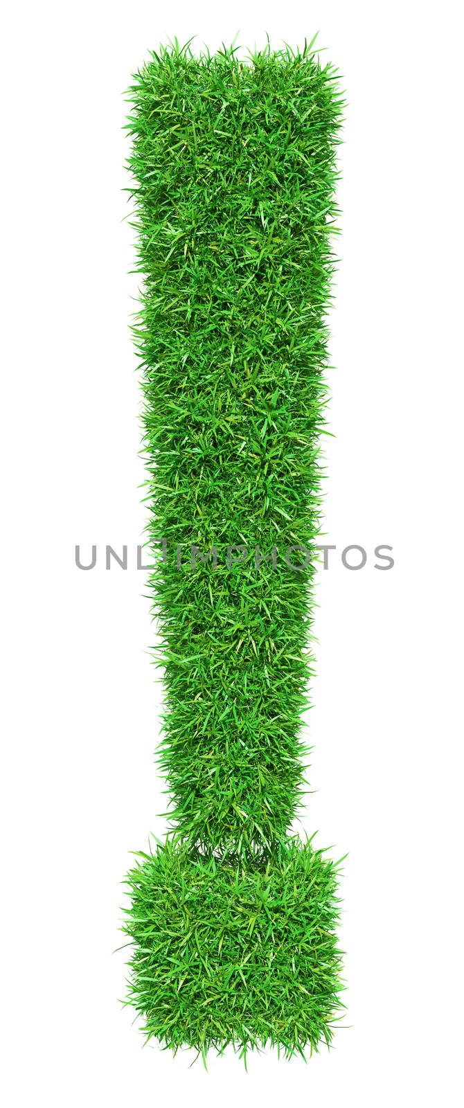 Green grass exclamation point, isolated on white background. 3D illustration