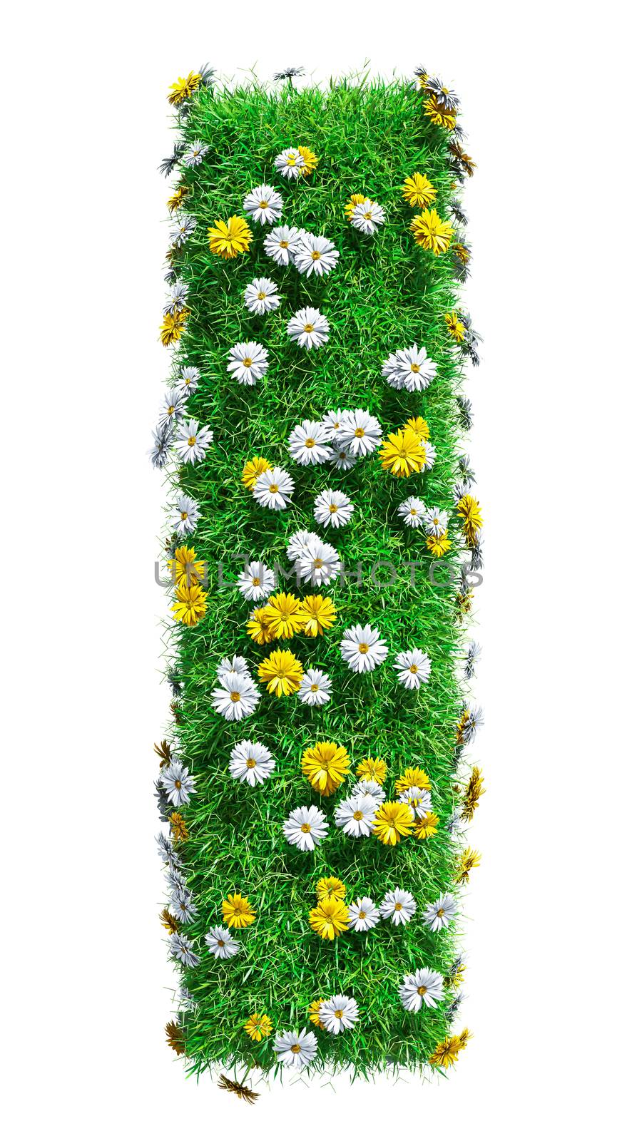Letter I Of Green Grass And Flowers. Isolated On White Background. Font For Your Design. 3D Illustration