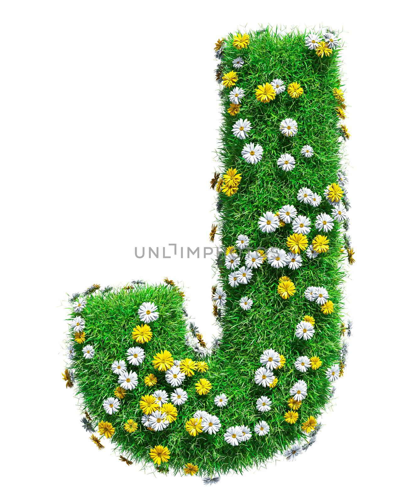Letter J Of Green Grass And Flowers. Isolated On White Background. Font For Your Design. 3D Illustration