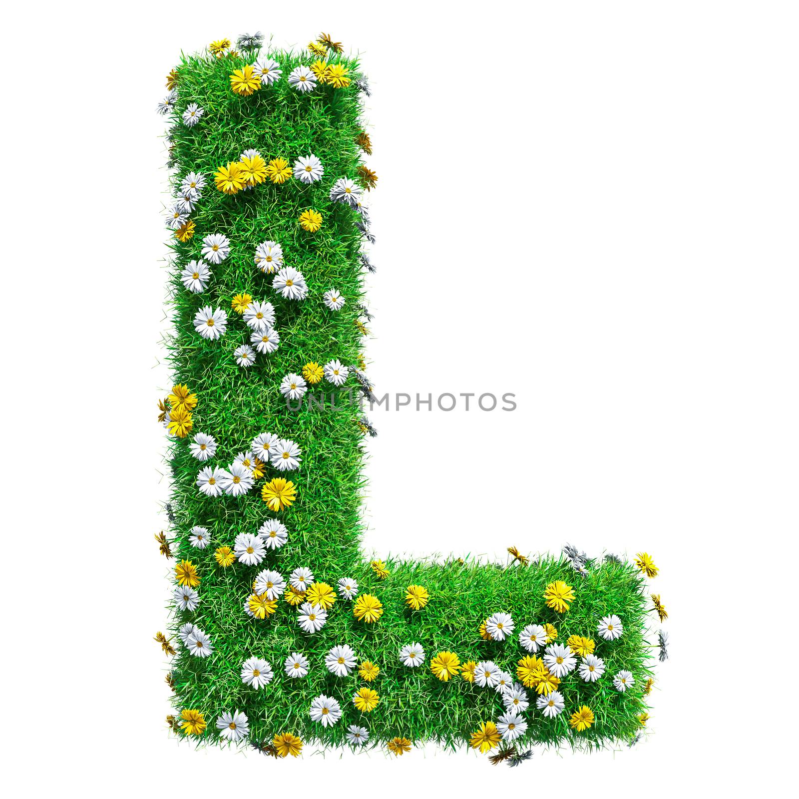 Letter L Of Green Grass And Flowers. Isolated On White Background. Font For Your Design. 3D Illustration