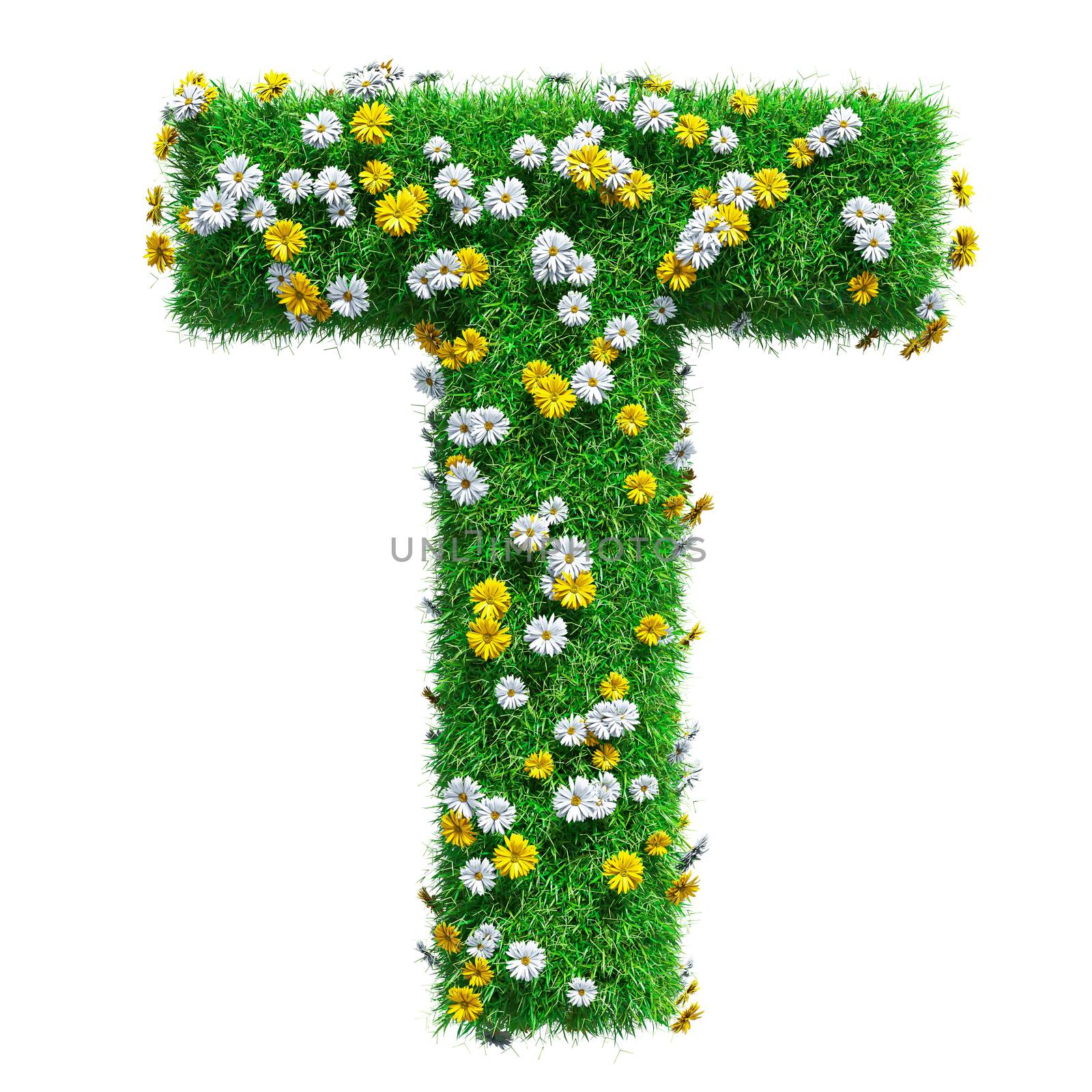 Letter T Of Green Grass And Flowers. Isolated On White Background. Font For Your Design. 3D Illustration