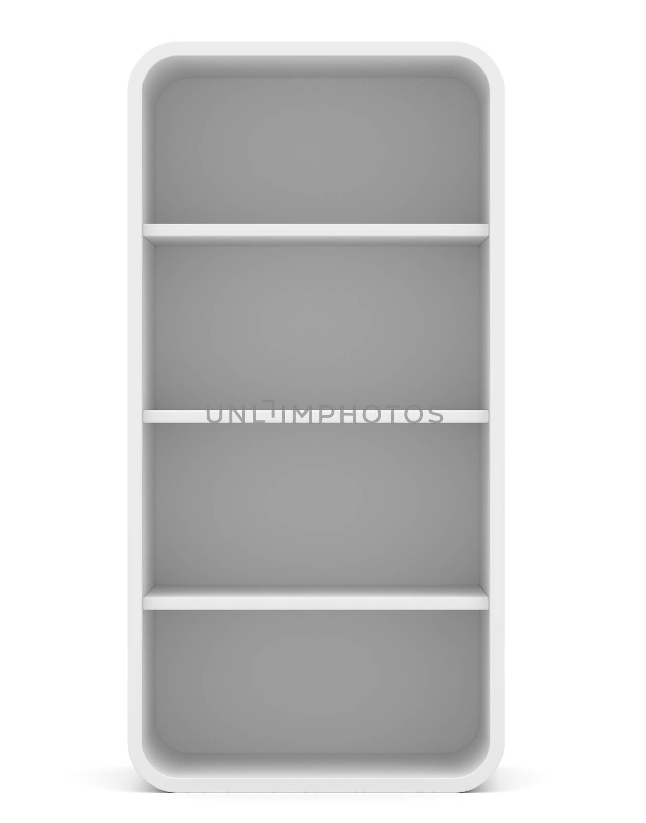 Empty rounded retail shelves. Front view. Template. 3D Illustration, Isolated on white