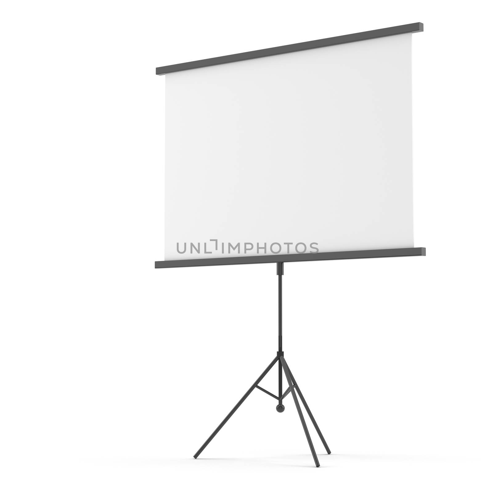 Blank projection screen on tripod. Isolated on white. 3D illustration