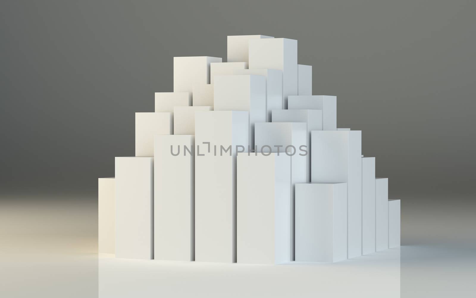 Abstract 3d illustration of white boxes and gray gradient background. Beautiful studio lighting