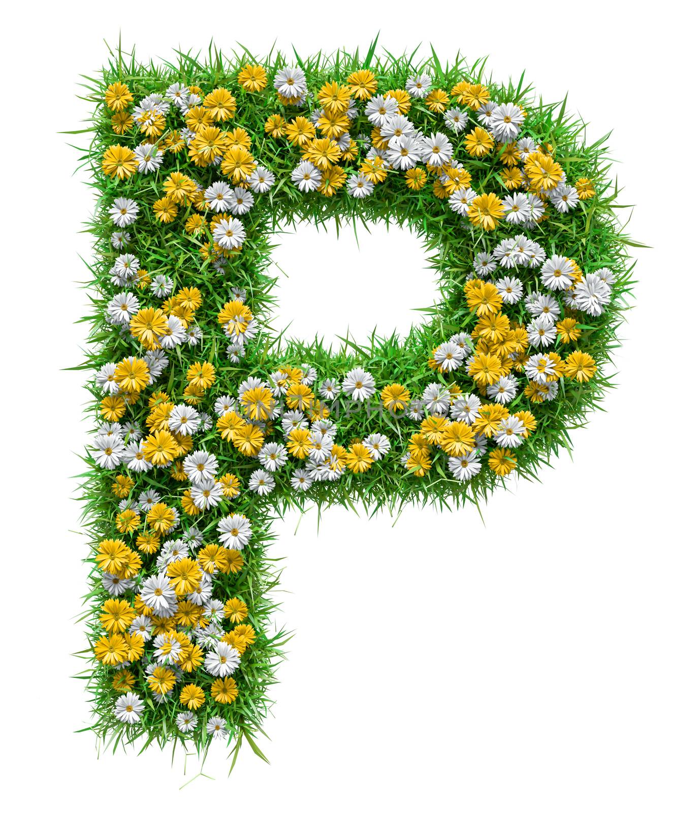 Letter P Of Green Grass And Flowers. Isolated On White Background. Font For Your Design. 3D Illustration