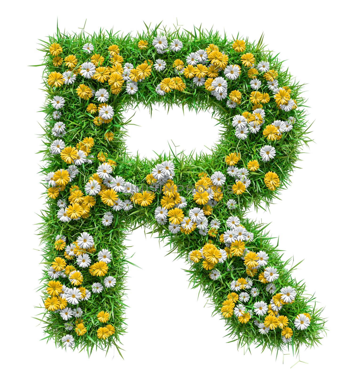 Letter R Of Green Grass And Flowers. Isolated On White Background. Font For Your Design. 3D Illustration