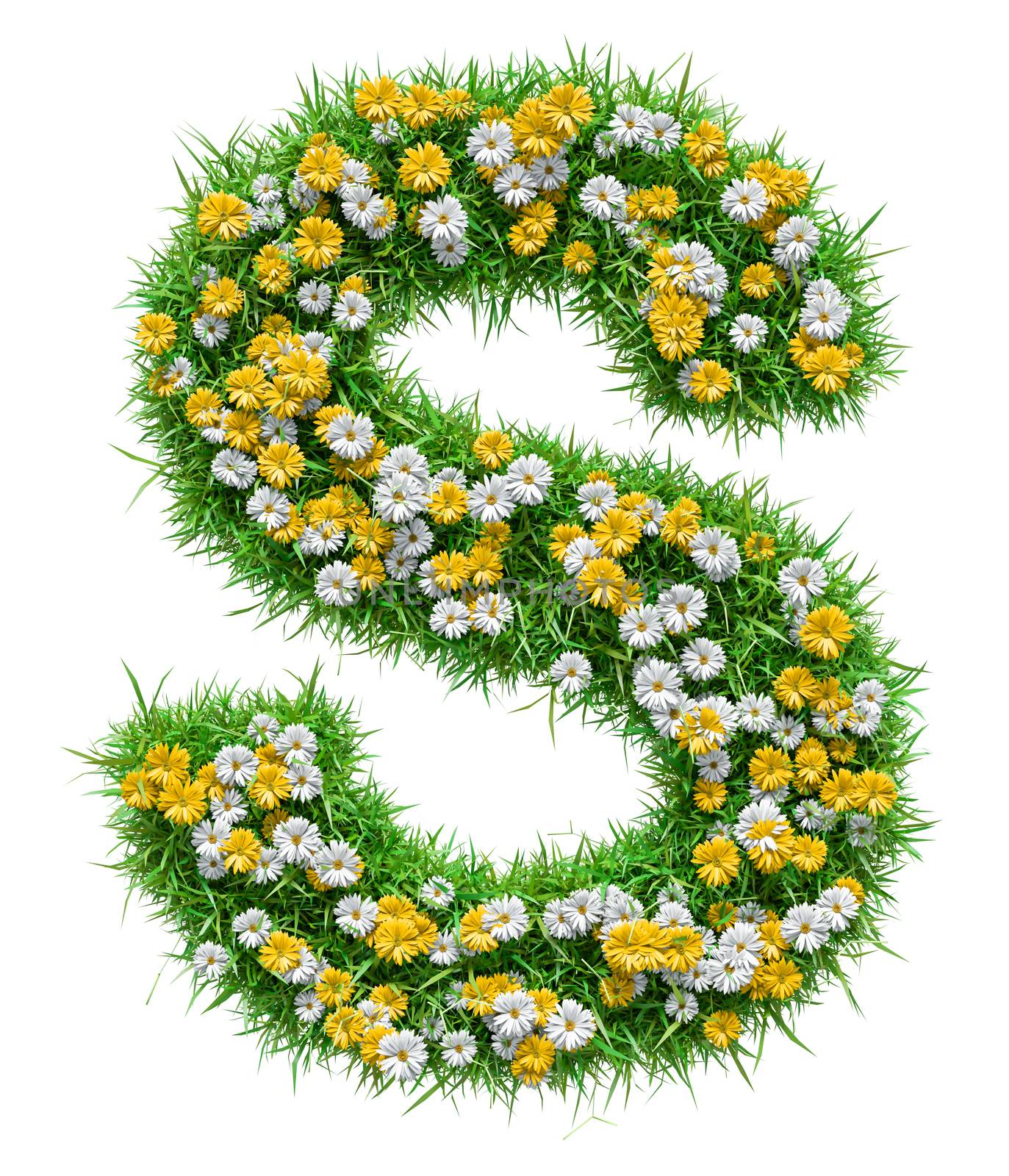 Letter S Of Green Grass And Flowers. Isolated On White Background. Font For Your Design. 3D Illustration