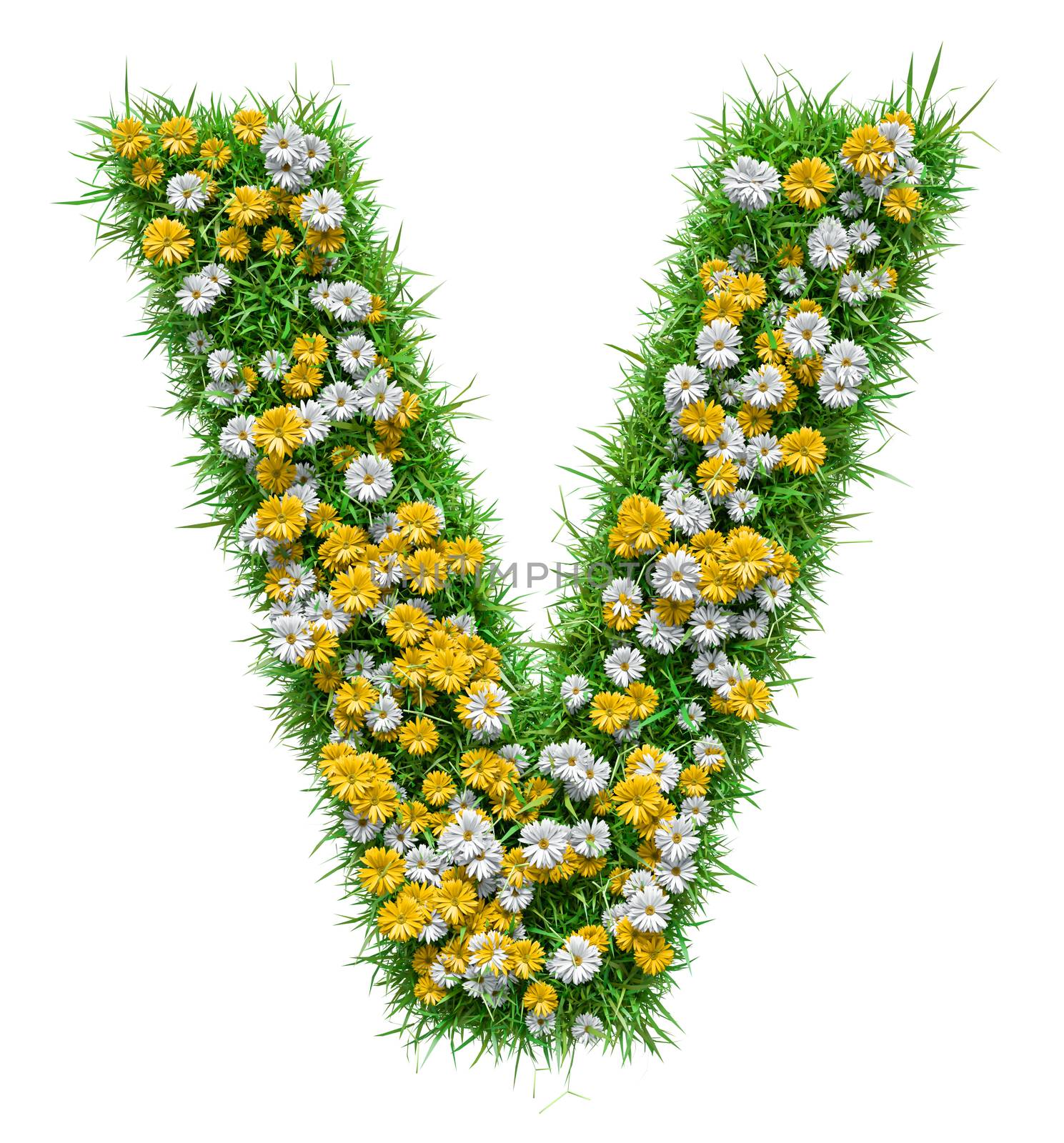Letter V Of Green Grass And Flowers. Isolated On White Background. Font For Your Design. 3D Illustration