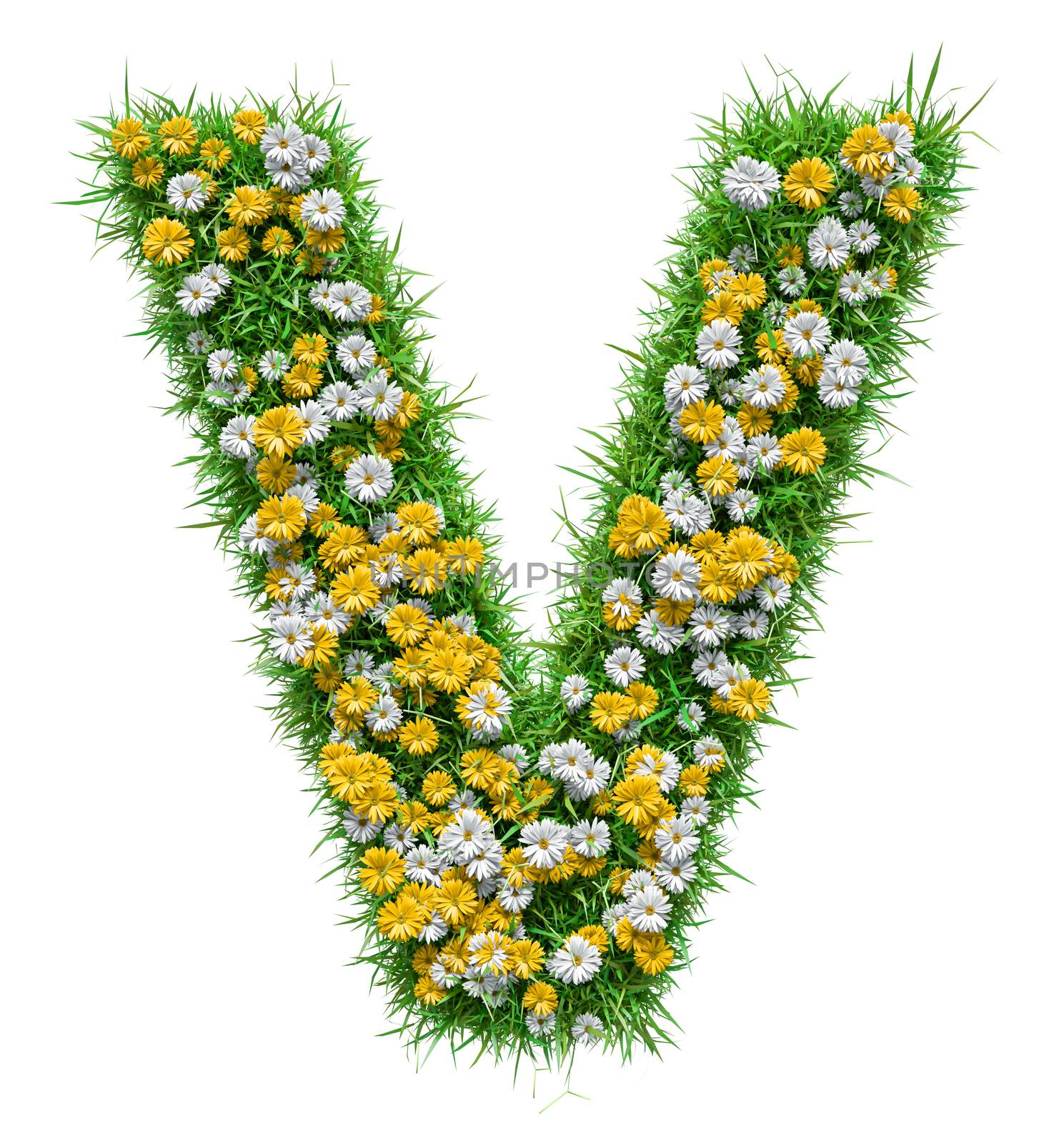 Letter V Of Green Grass And Flowers. Isolated On White Background. Font For Your Design. 3D Illustration