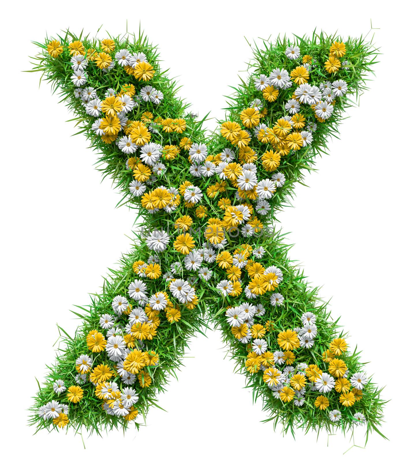 Letter X Of Green Grass And Flowers. Isolated On White Background. Font For Your Design. 3D Illustration