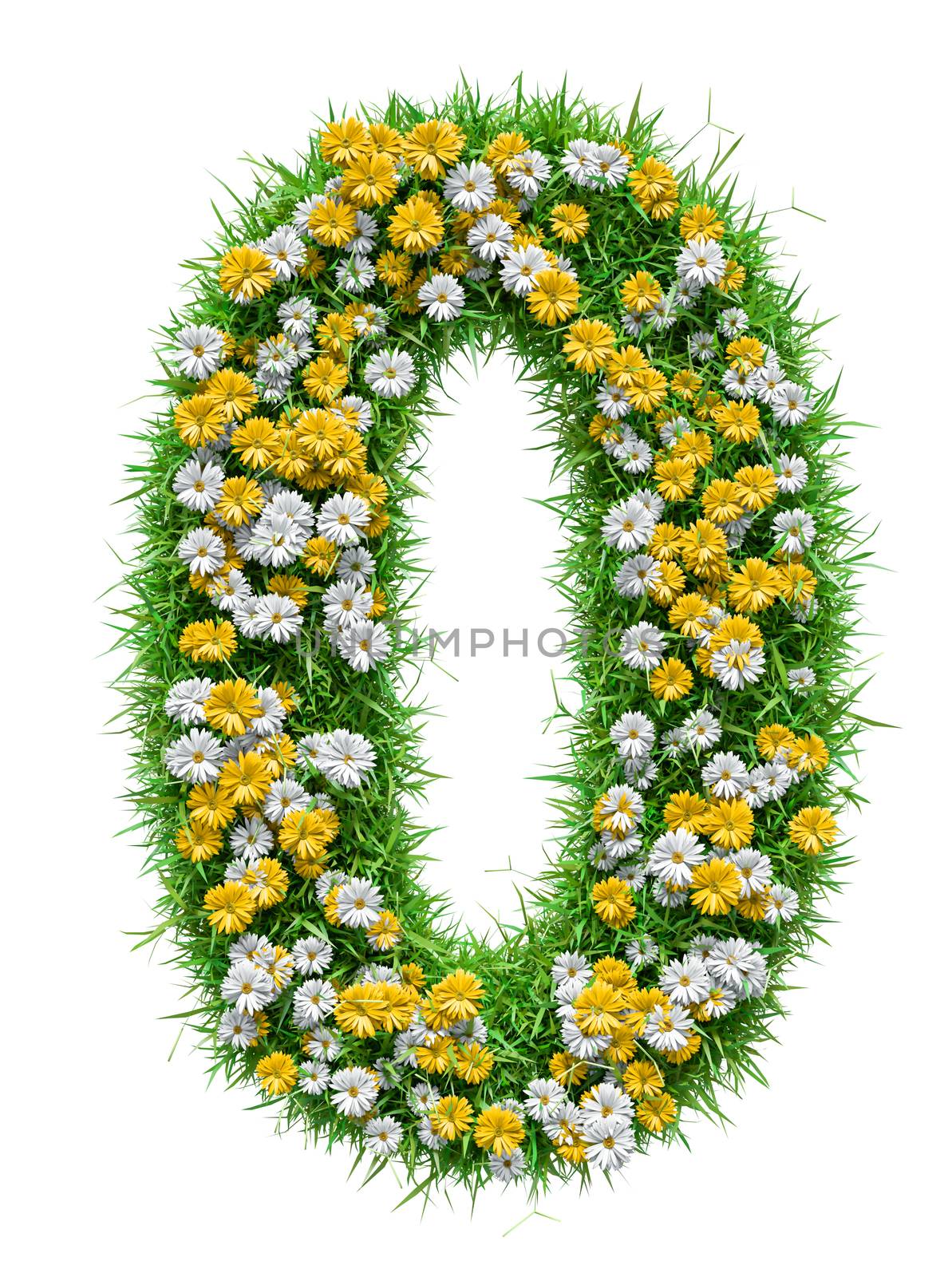 Number 0 of Green Grass And Flowers, isolated on white background. 3D illustration