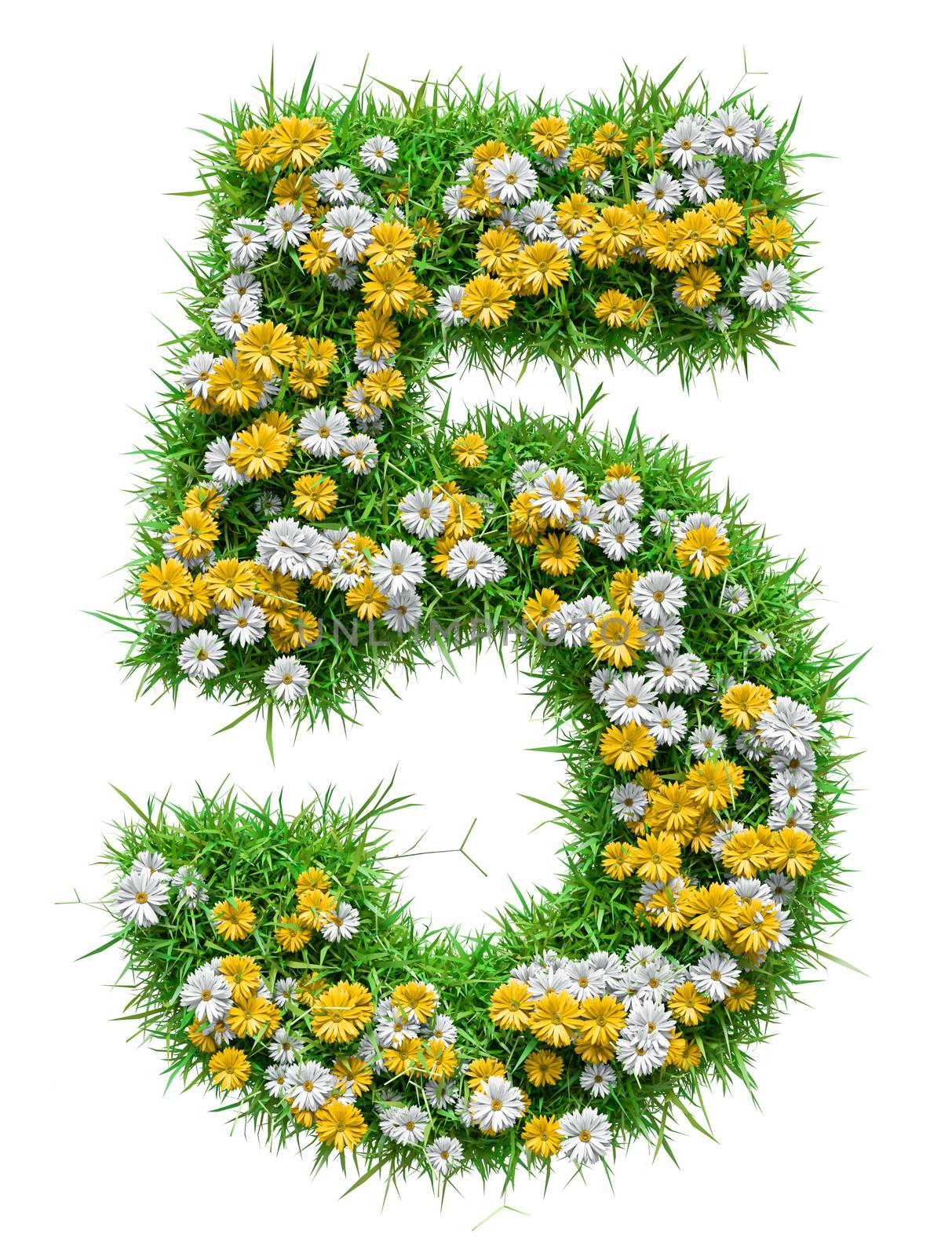 Number 5 of Green Grass And Flowers, isolated on white background. 3D illustration